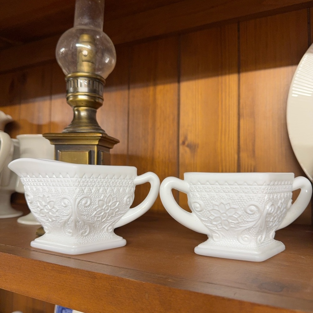White Embossed vintage milk glass Creamer and Sugar Set